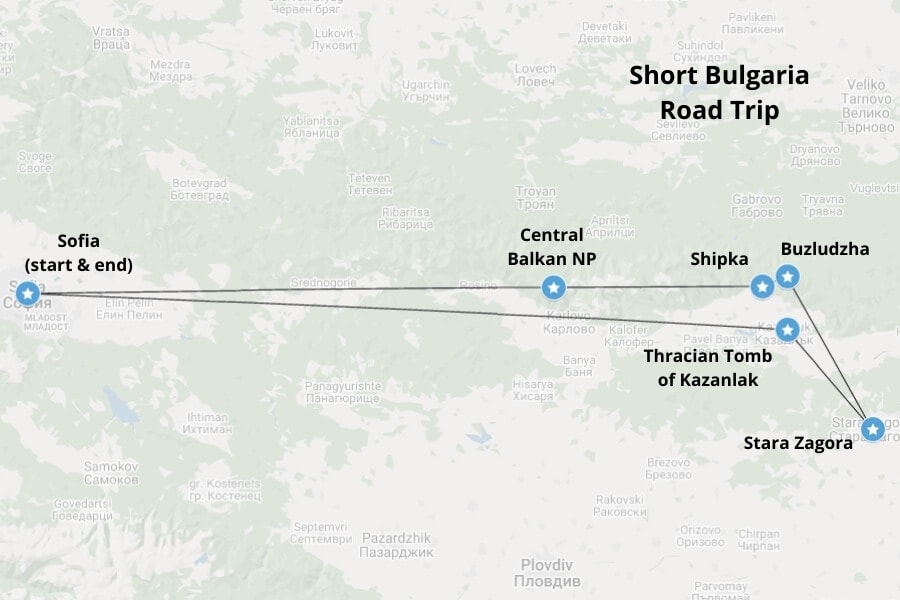 Short Bulgaria road trip map. Map via Google Maps.