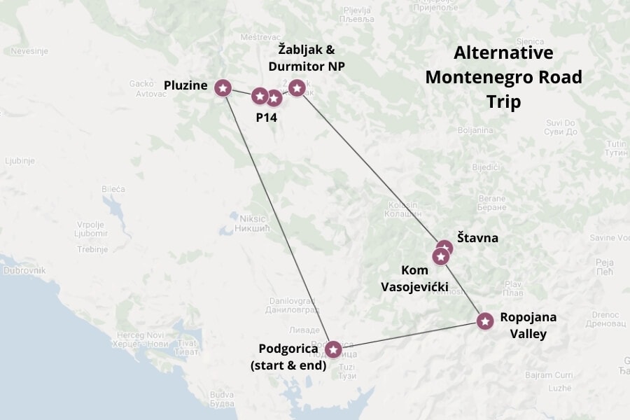 Alternative Montenegro road trip map. Map via Google Maps.