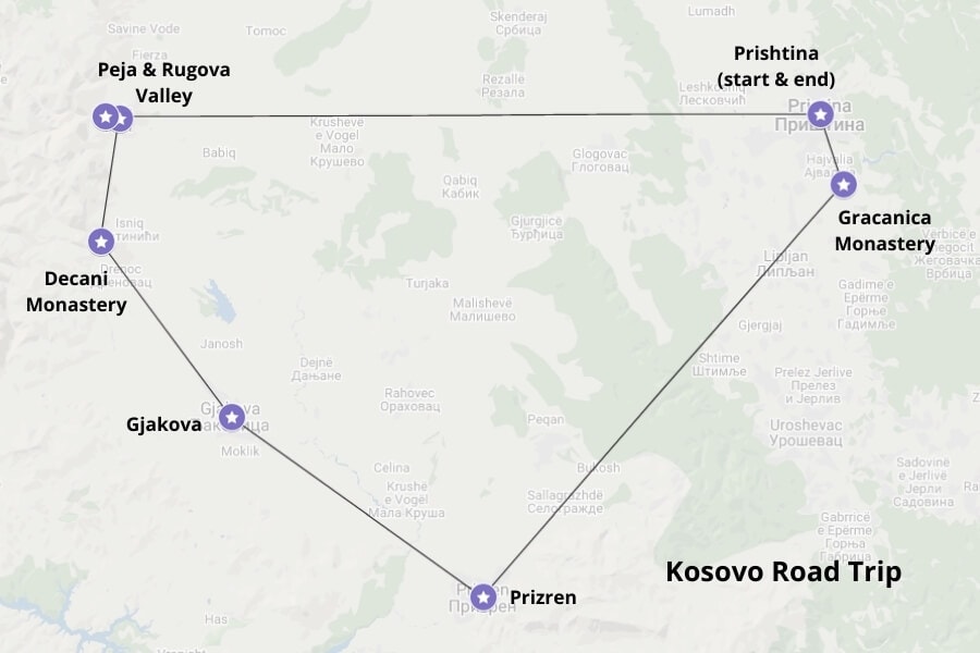 Kosovo road trip map. Map via Google Maps.