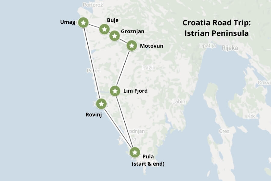 Croatian Istria road trip map. Map via Google Maps.