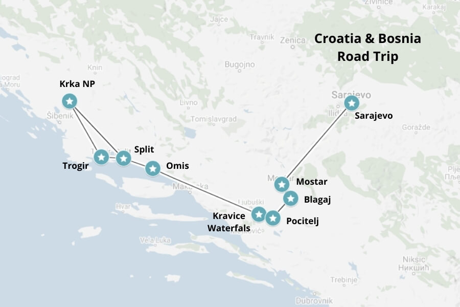 Croatia & Bosnia road trip map. Map via Google Maps.