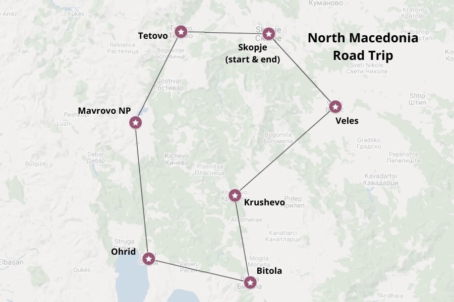 North Macedonia road trip map. Map via Google Maps.