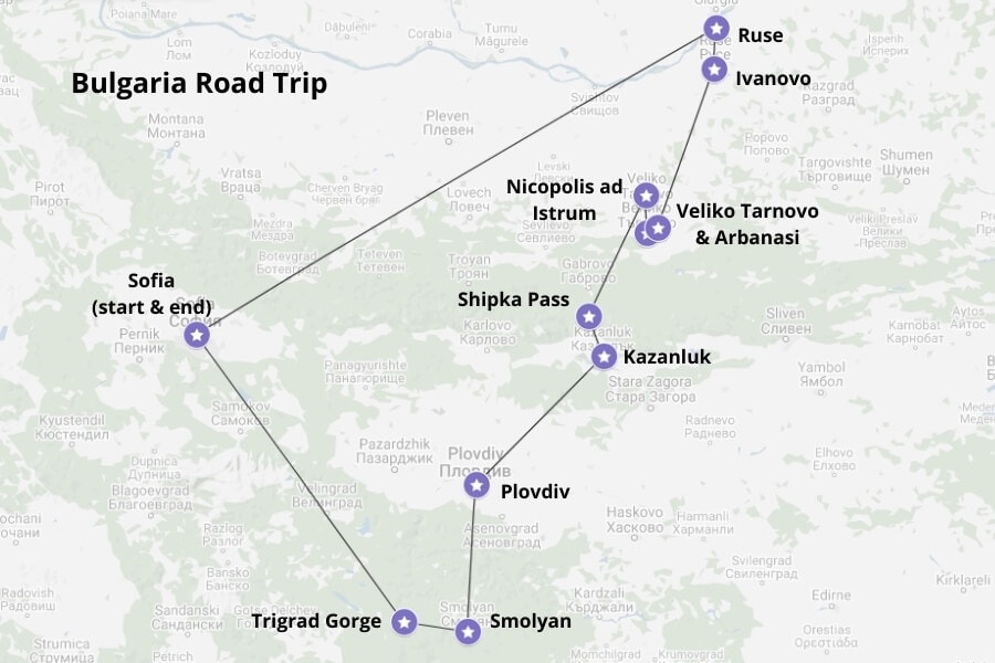 Bulgaria road trip map. Map via Google Maps.