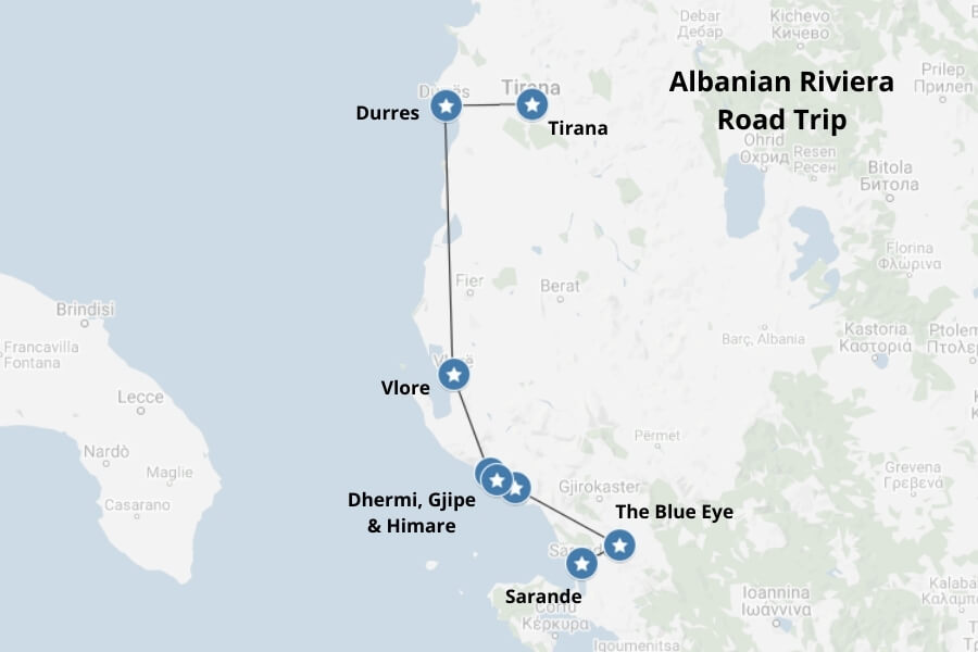 Albanian Riviera road trip map. Map via Google Maps.