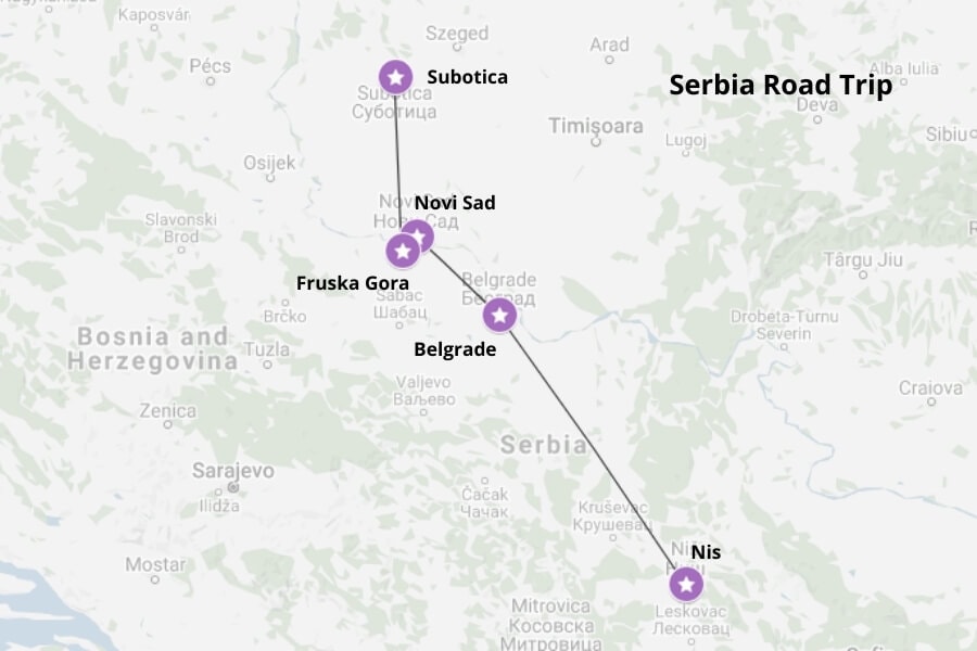 Serbia road trip map. Map via Google Maps.