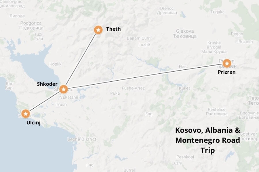 Kosovo, Albania & Montenegro road trip map. Map via Google Maps.