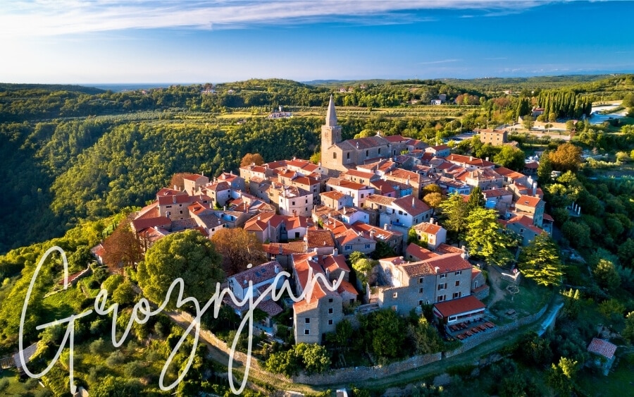 A bird's eye view of Gorznjan, a Tuscan-like town in Croatia.