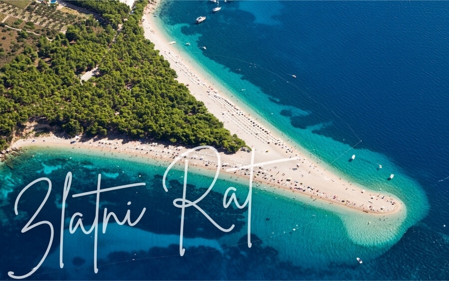 Aerial view of Zlatni Rat, the famous V-shaped beach in Croatia.