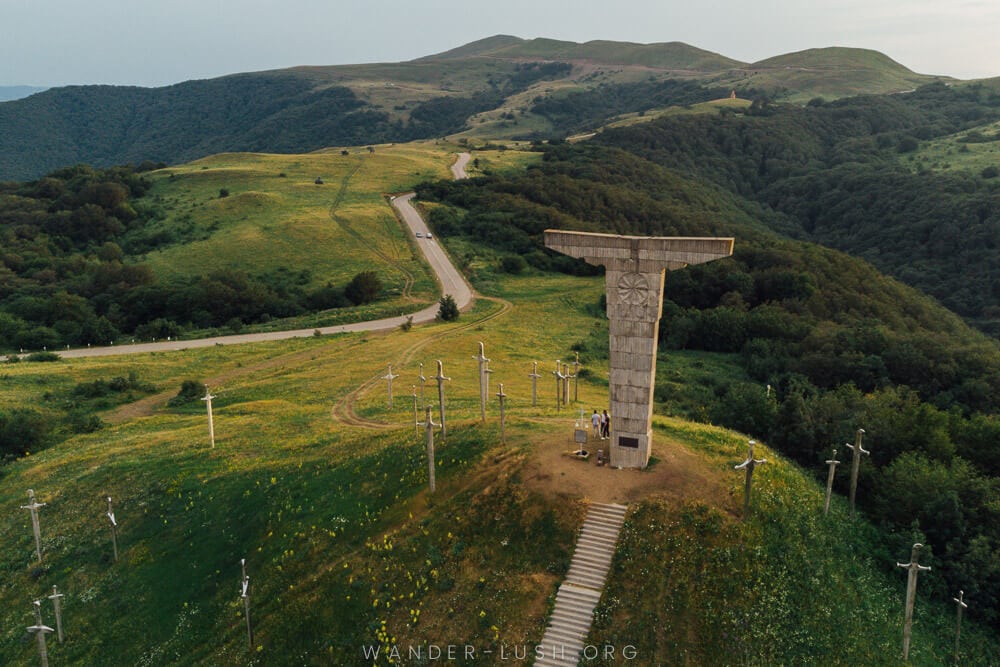 Aerial view of the Didgori Battle Memorial, a large stone monument on a hill in Kvemo Kartli, Georgia.