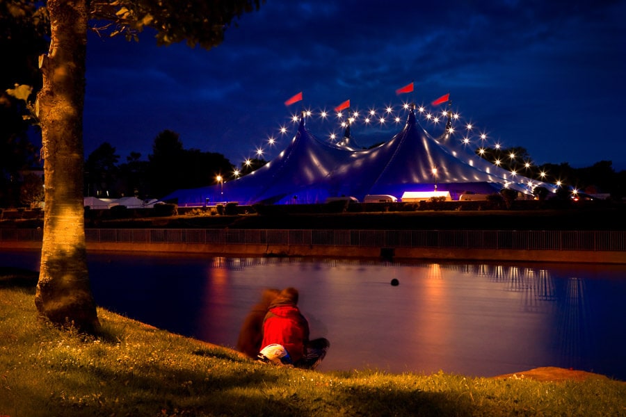 A pavilion lit up for the Galway Arts Festival.