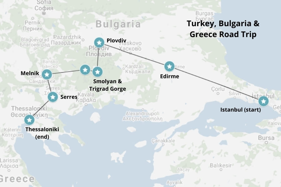 Turkey, Bulgaria & Greece road trip map. Map via Google Maps.