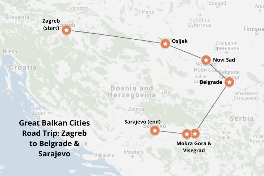 Zagreb to Belgrade & Sarajevo road trip map. Map via Google Maps.