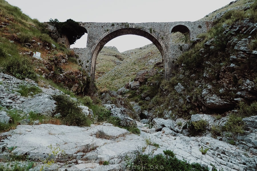 A round Ottoman-era bridge made from stone in Gjriokaster.