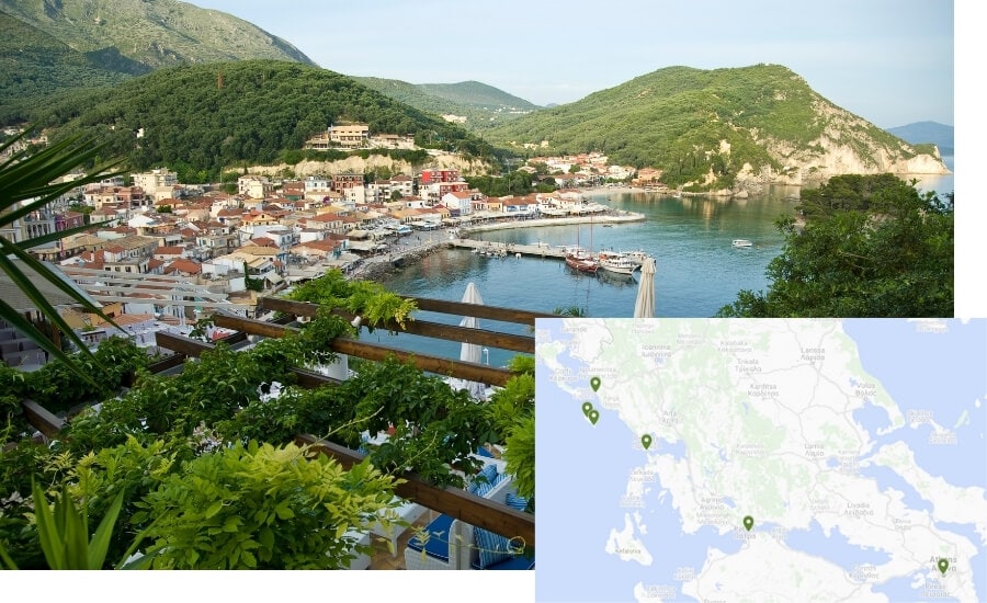 A cute harbour town surrounded by green mountains outside Athens, Greece.