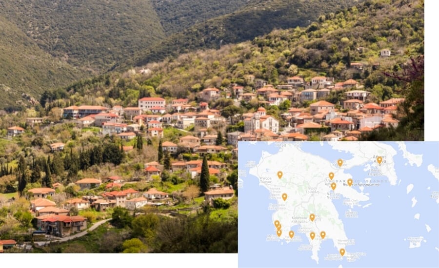 A town of orange-roofed houses in Greece's Peloponnese.