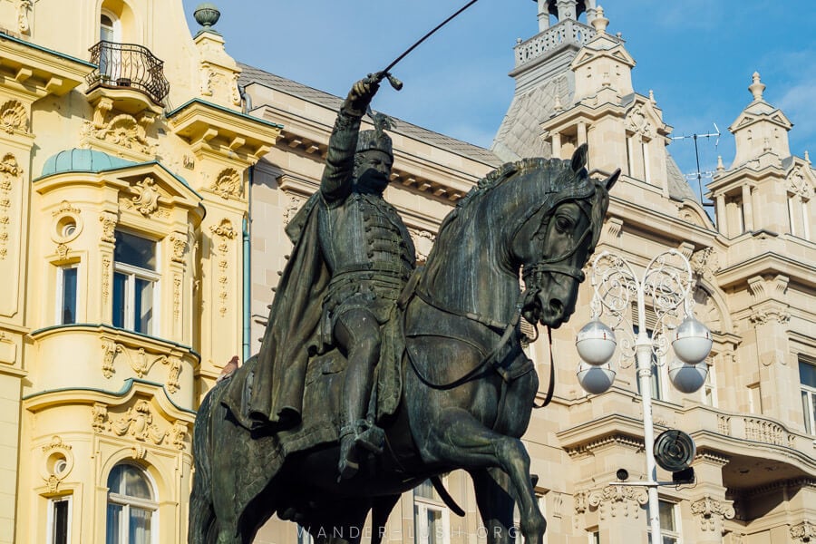 Statue of Ban Josip Jelacic atop his horse in Zagreb.