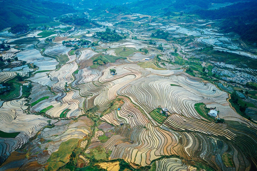 Aerial view of rice terraces in Y Ty, Vietnam.
