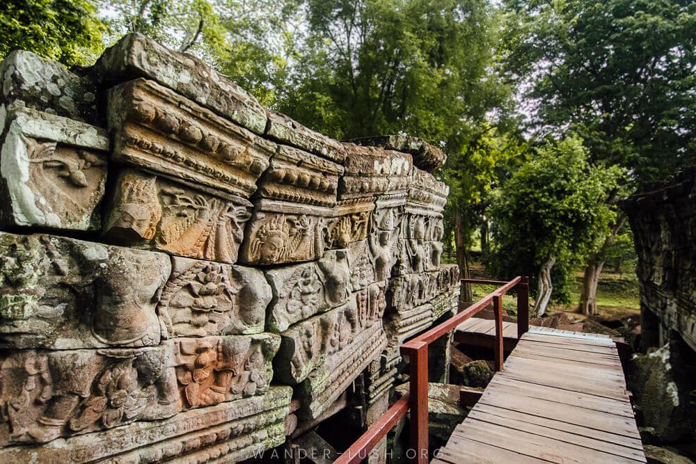 Detailed sandstone ruins at Banteay Chhmar temple in Cambodia.