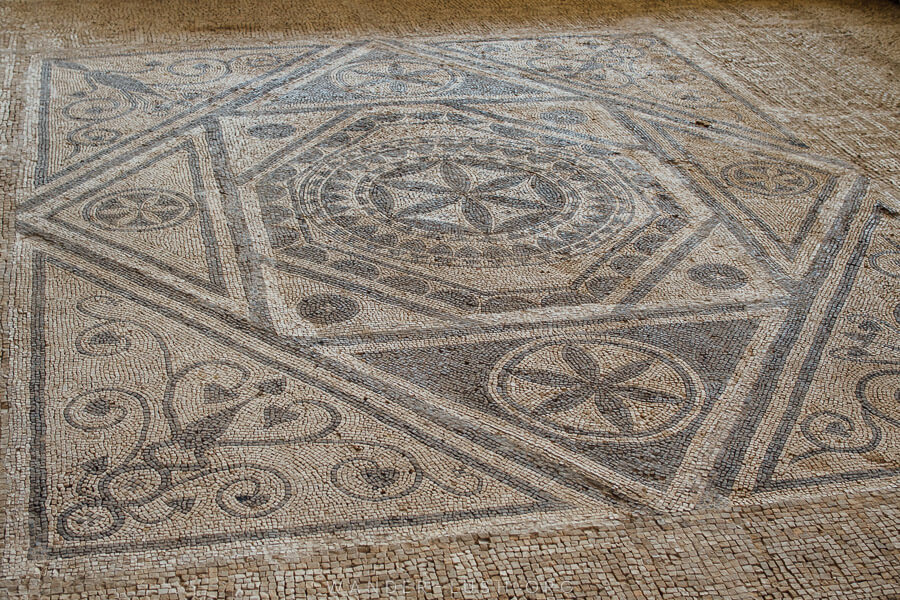 Black and white Roman mosaics in Risan, Montenegro.
