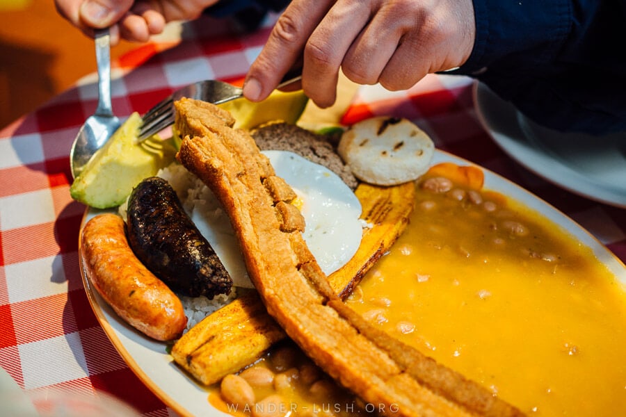 A plate of Bandeja Paisa at Hacienda restaurant in Medellin.