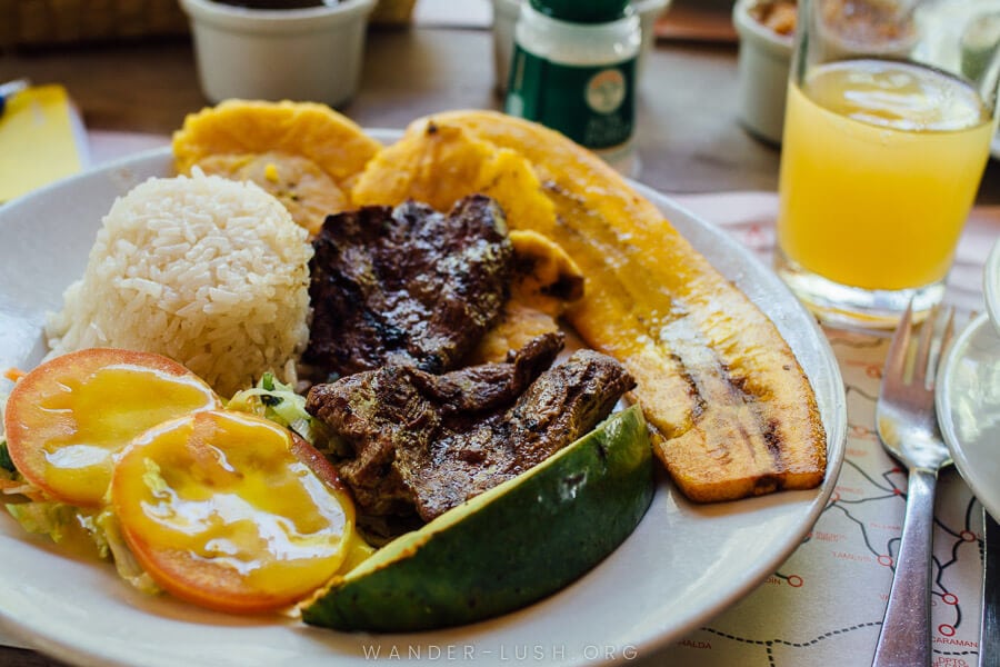 Colombian menu del dia, with steak and avocado.
