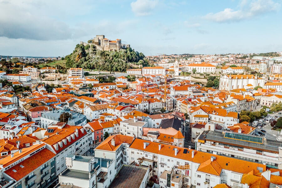 Aerial view over the red rooftops of Leira, one of the best cities in Portugal.