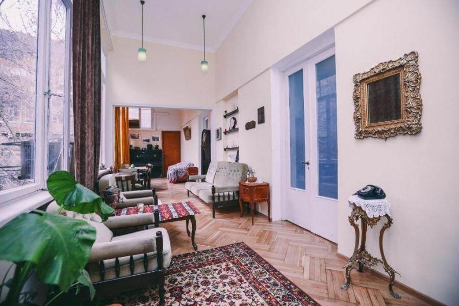 A beautiful common room at At Funicular hostel in Tbilisi, Georgia.