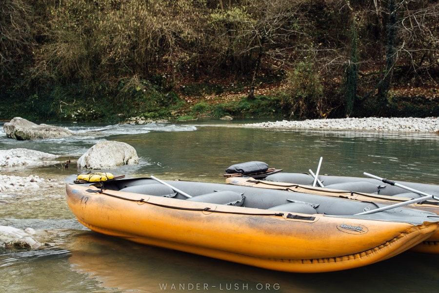 Orange boats at Martvili Canyon in Georgia.