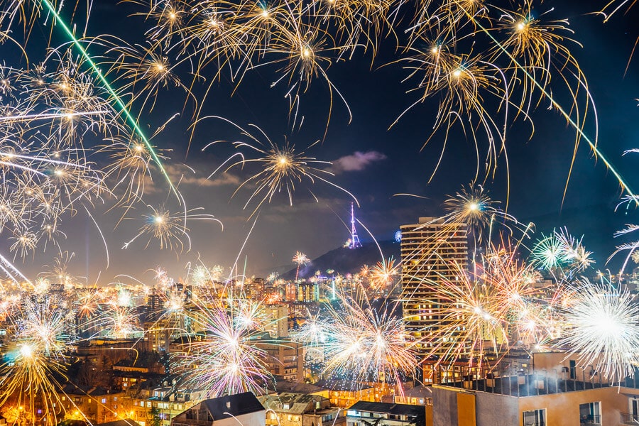 Fireworks exploding from every angle in Tbilisi, Georgia on New Year's Eve December 31.