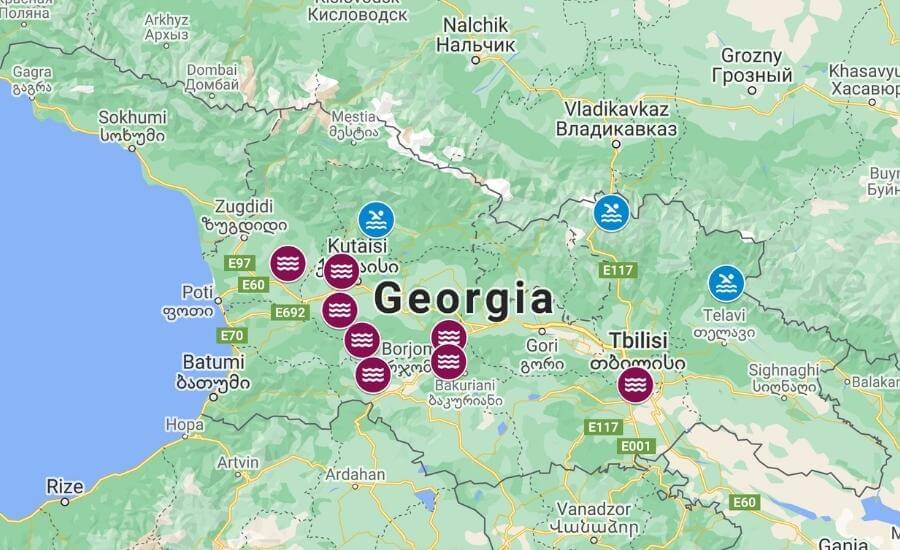 Map of natural hot springs in Georgia and cold water swimming pools.