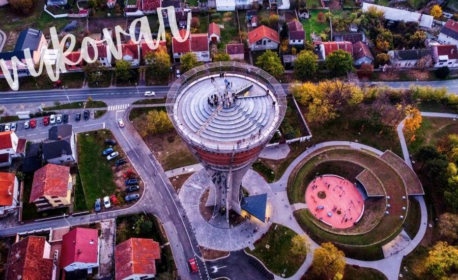 Aerial view of the Danube town of Vukovar, Croatia.