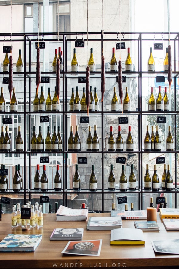 Bottles of Georgian wine for sale e at Republic 24 in Tbilisi.