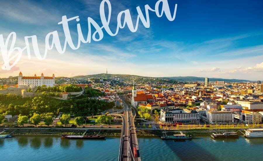 City view of Bratislava and the Danube river from Bratislava Fortress.