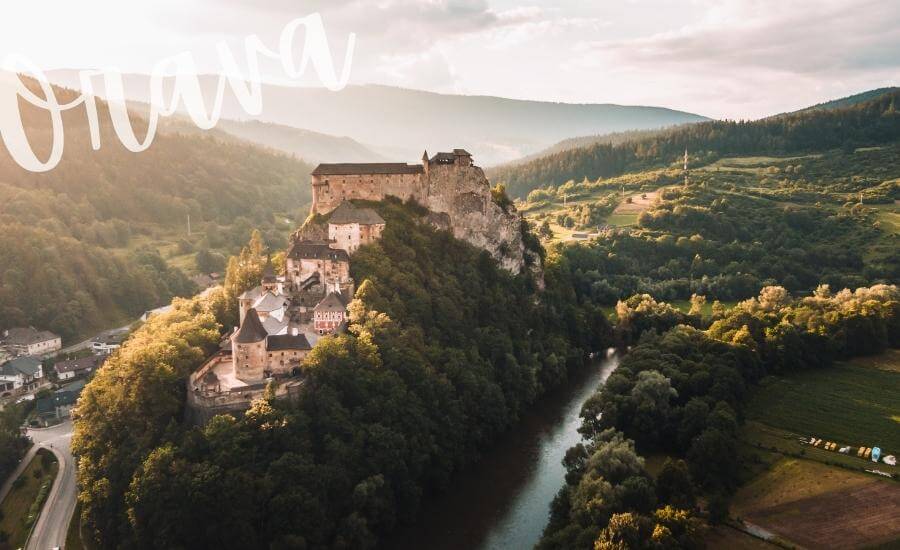 Orava Castle on the river, viewed from above.