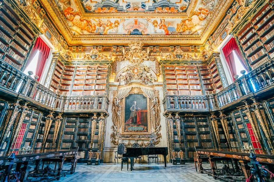 A lavish library inside the historic Coimbra University in Portugal.