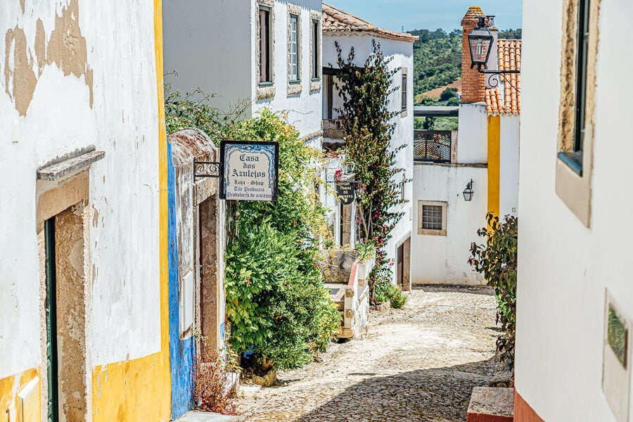 White-washed houses with colourful trims in the Portugal village of Obidos.