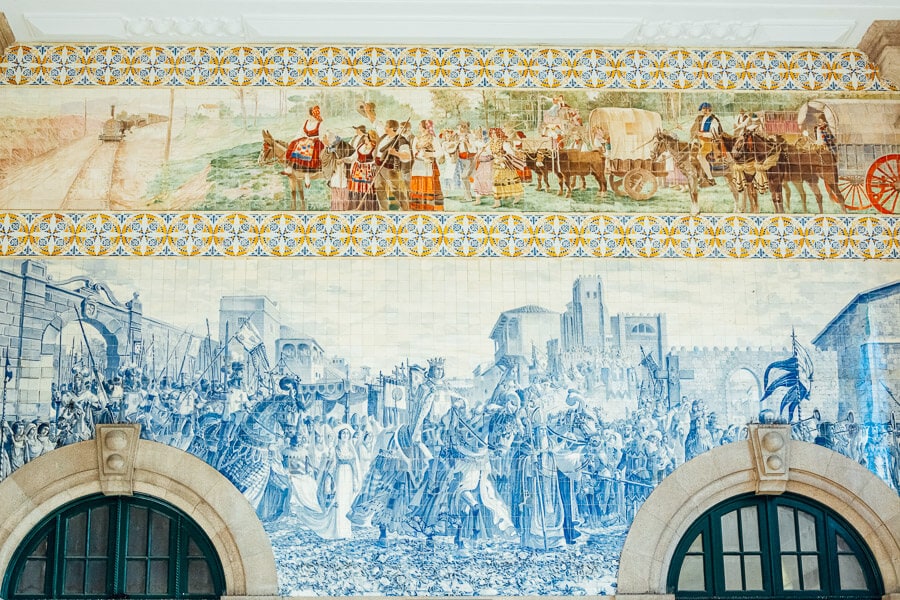 Painted Portuguese azulejo tiles at Sao Bento Station in Porto.