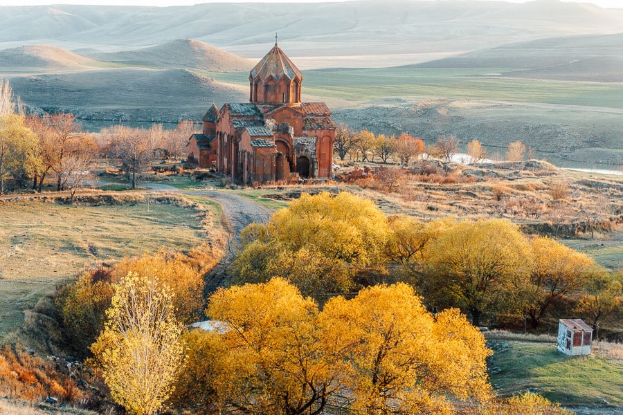 The red stone Marmashen Monastery near Gyumri, Armenia.
