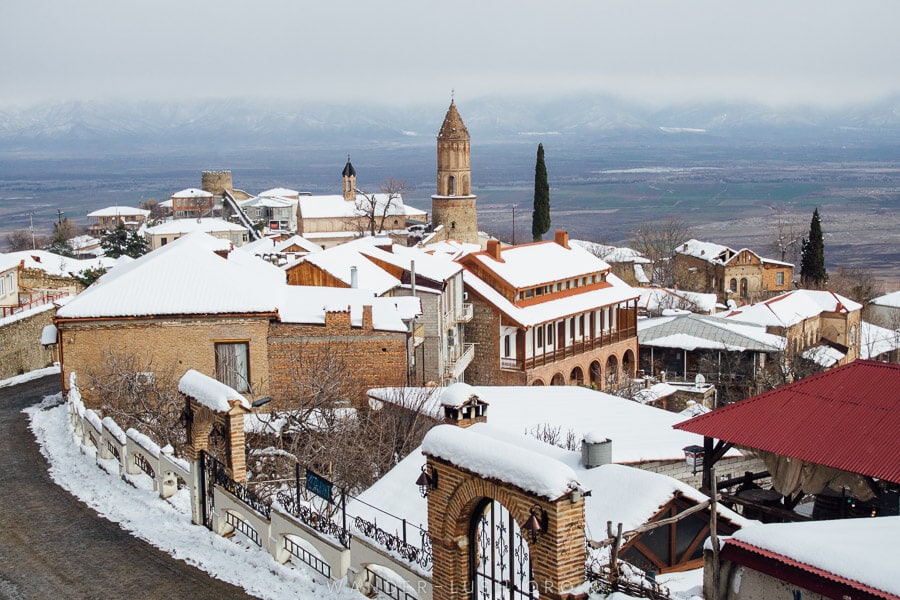 Sighnaghi Georgia in winter snow.