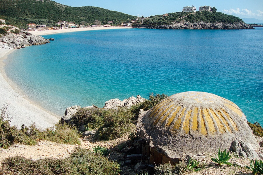 Jali Beach, a beach in Albania with an old bunker on the shore.