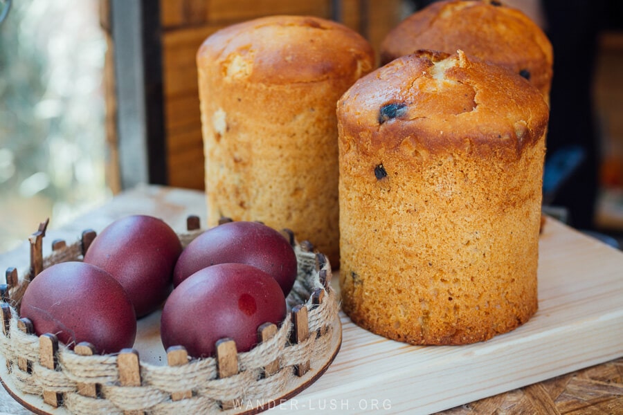 Paska, Georgian Easter cake, displayed at a festival market in Guria.