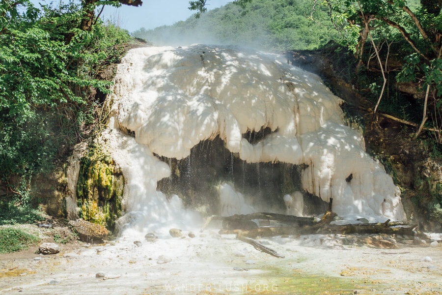Mineral travertines at Nokalakevi sulfur spring, a natural sulfur pool in Samegrelo region in Georgia.