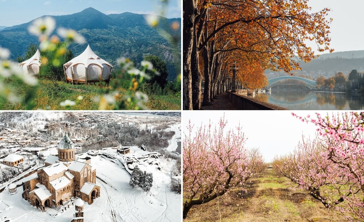 Four photos showing the different seasons in the country of Georgia, from green summer mountains to spring wildflowers, autumn foliage, and snowy cities.