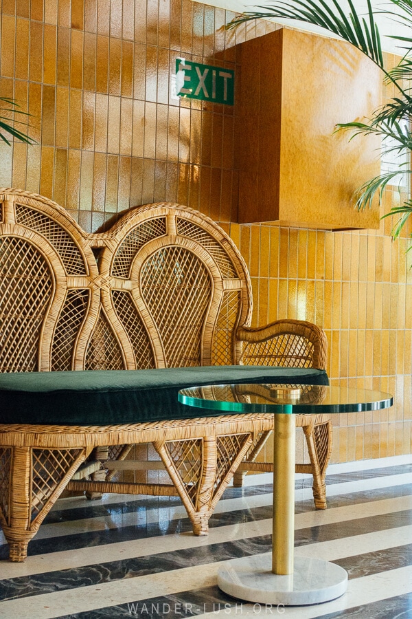 A vintage chair in the lobby of Bazzar Hotel Tbilisi.
