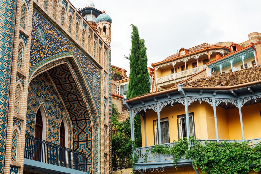 Sulfur baths and colourful houses with wooden balconies in Tbilisi Old Town.