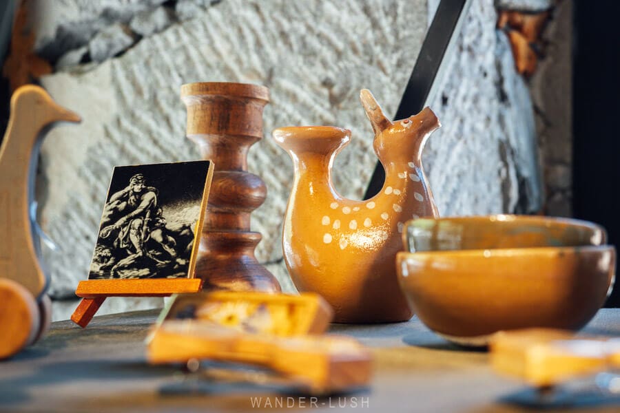 Souvenirs at Vardzia, ceramics and jewellery for sale at the small gift shop.