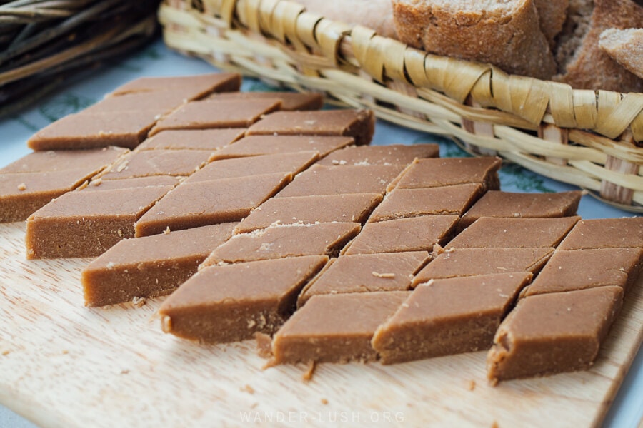 Diamond-shaped Khalva, Georgian halva made from wheat flour.