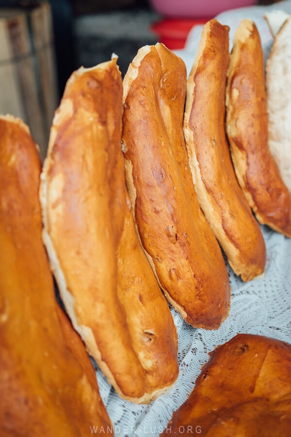 Nazuki sweet bread displayed on the highway in Surami.