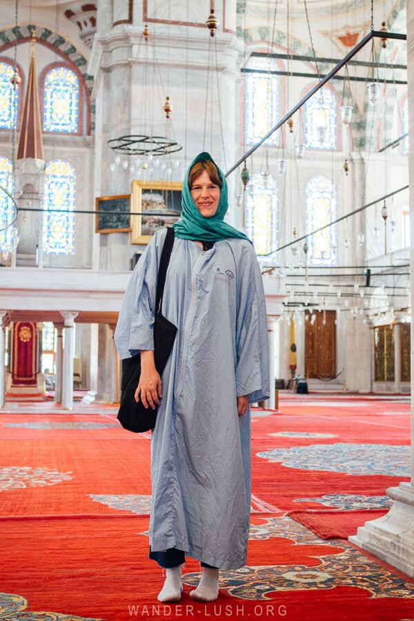 A woman dressed in a cover-up at a mosque in Istanbul.
