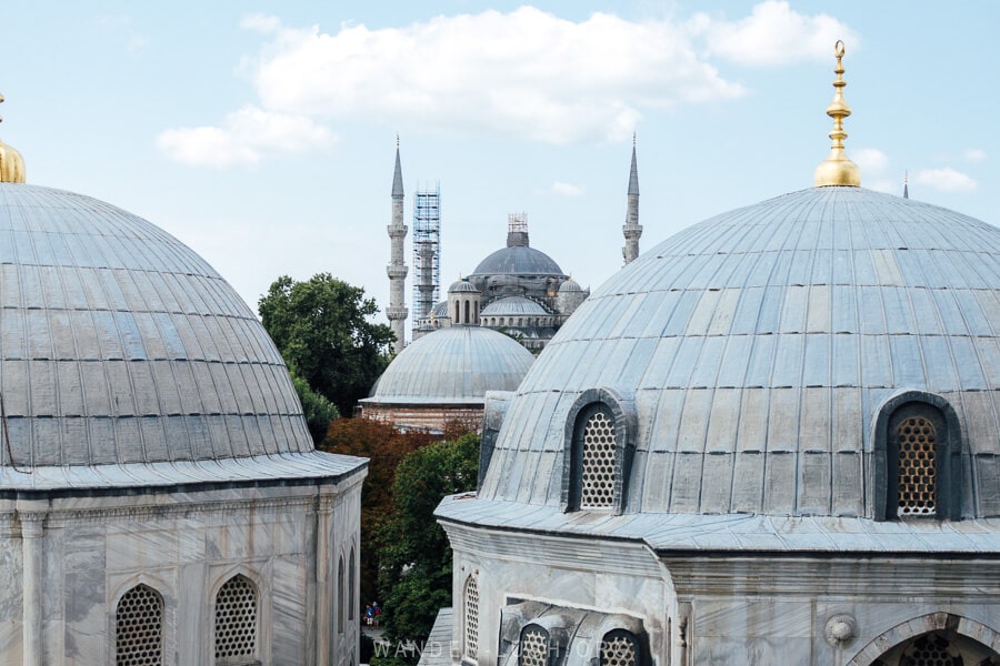 Mosque domes and minarets seen from a window at Hagia Sophia.